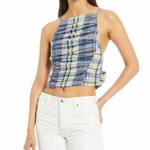 Free People Wool Real Love Plaid Tank Top Smocked Ruched Tie White Blue New